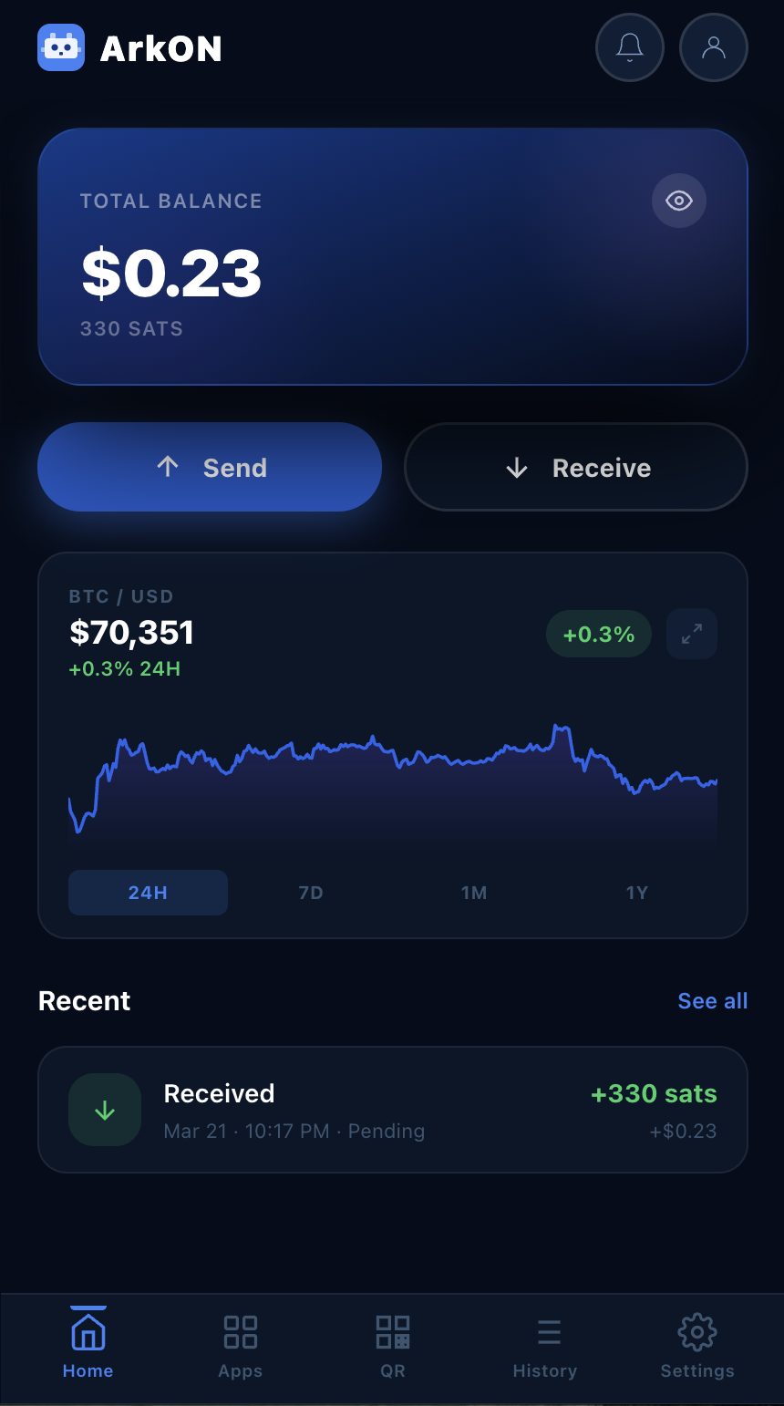 Arkon wallet home screen showing balance, price chart, and recent transactions