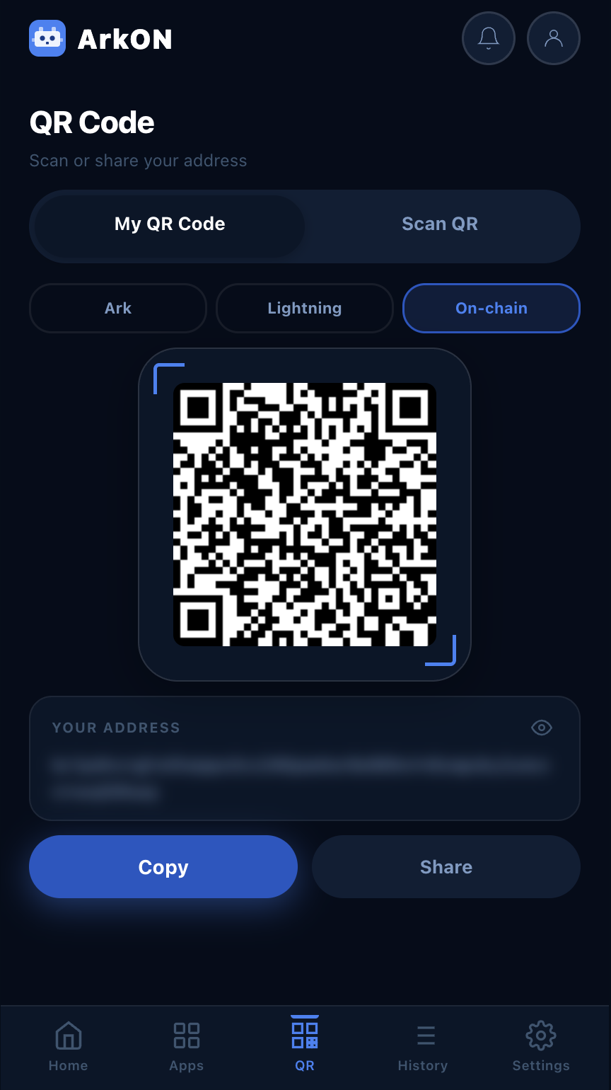 Arkon QR code screen with Ark, Lightning, and On-chain address tabs