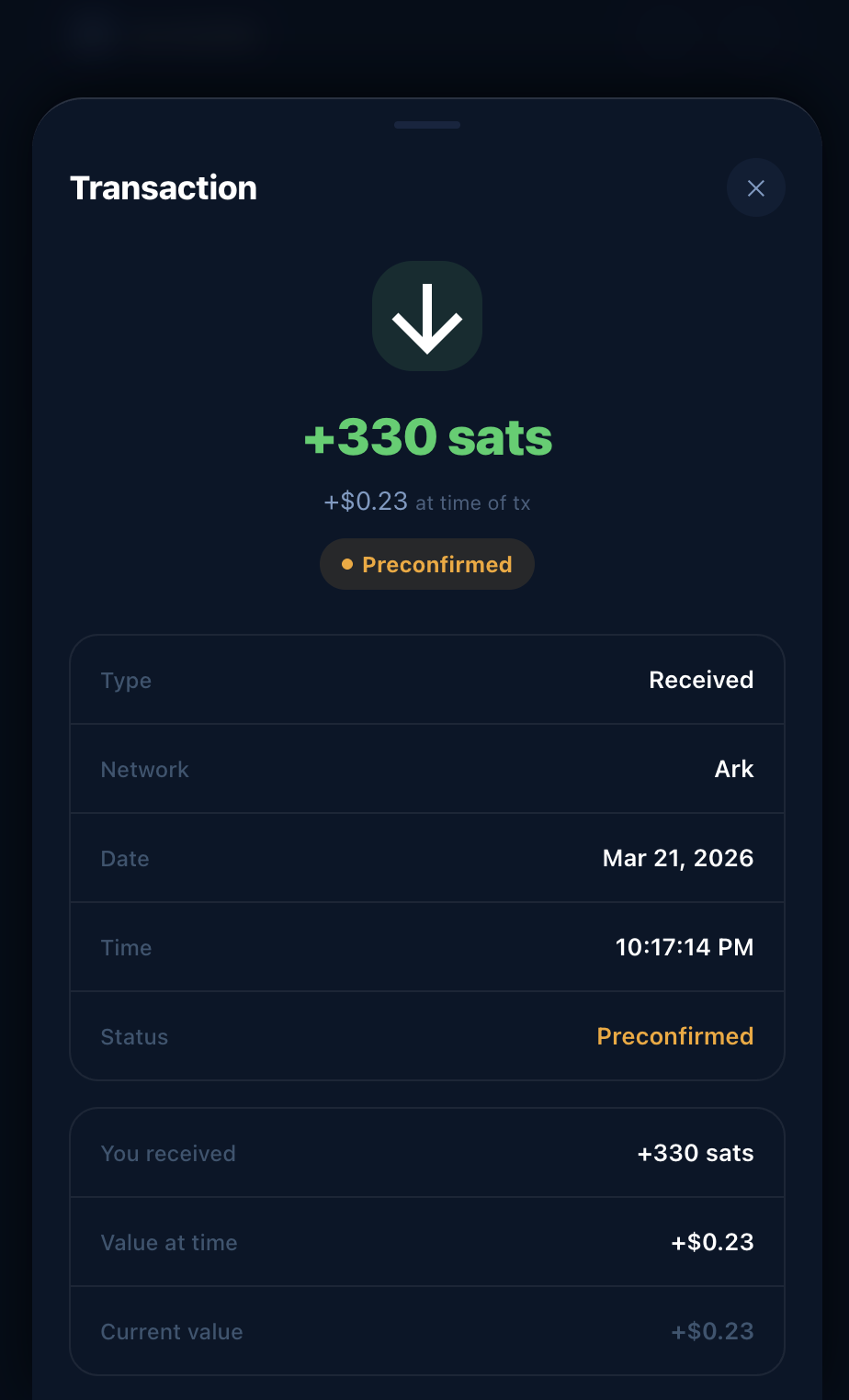 Arkon transaction detail showing Ark network receive confirmation